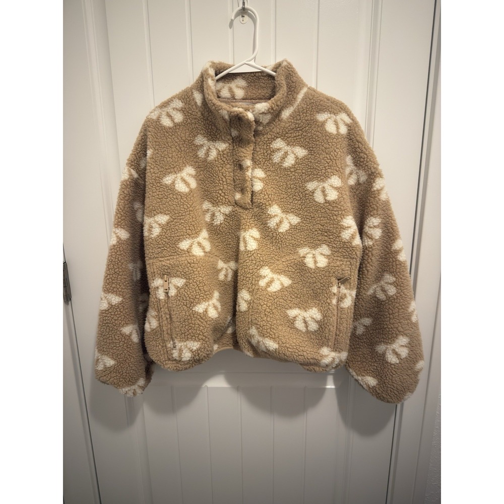 Lush Women's Teddy Bear Sherpa Pullover Jacket Tan Bow Design Size M